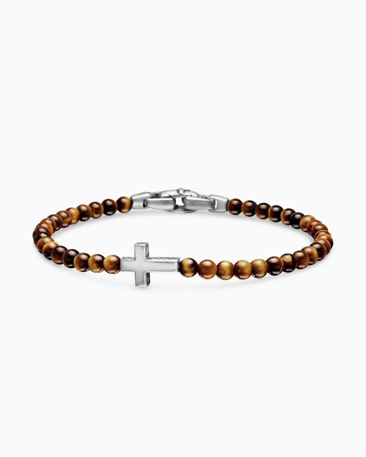 Spiritual Beads Cross Station Bracelet in Sterling Silver with Tiger’s Eye, 4mm