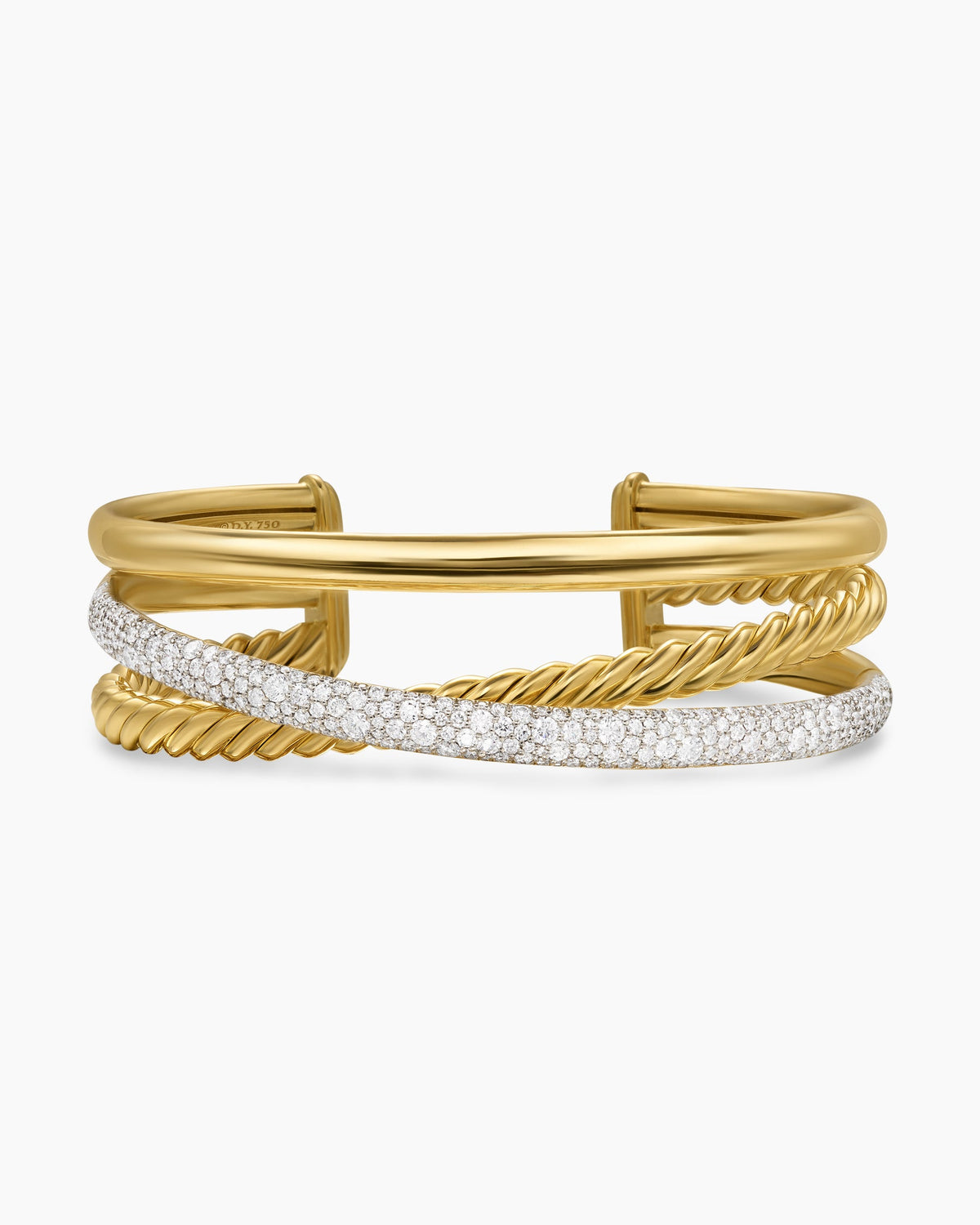 Pavé Crossover Three Row Cuff Bracelet in 18K Yellow Gold with Diamonds, 20mm