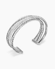 Pavé Crossover Three Row Cuff Bracelet in Sterling Silver with Diamonds, 20mm