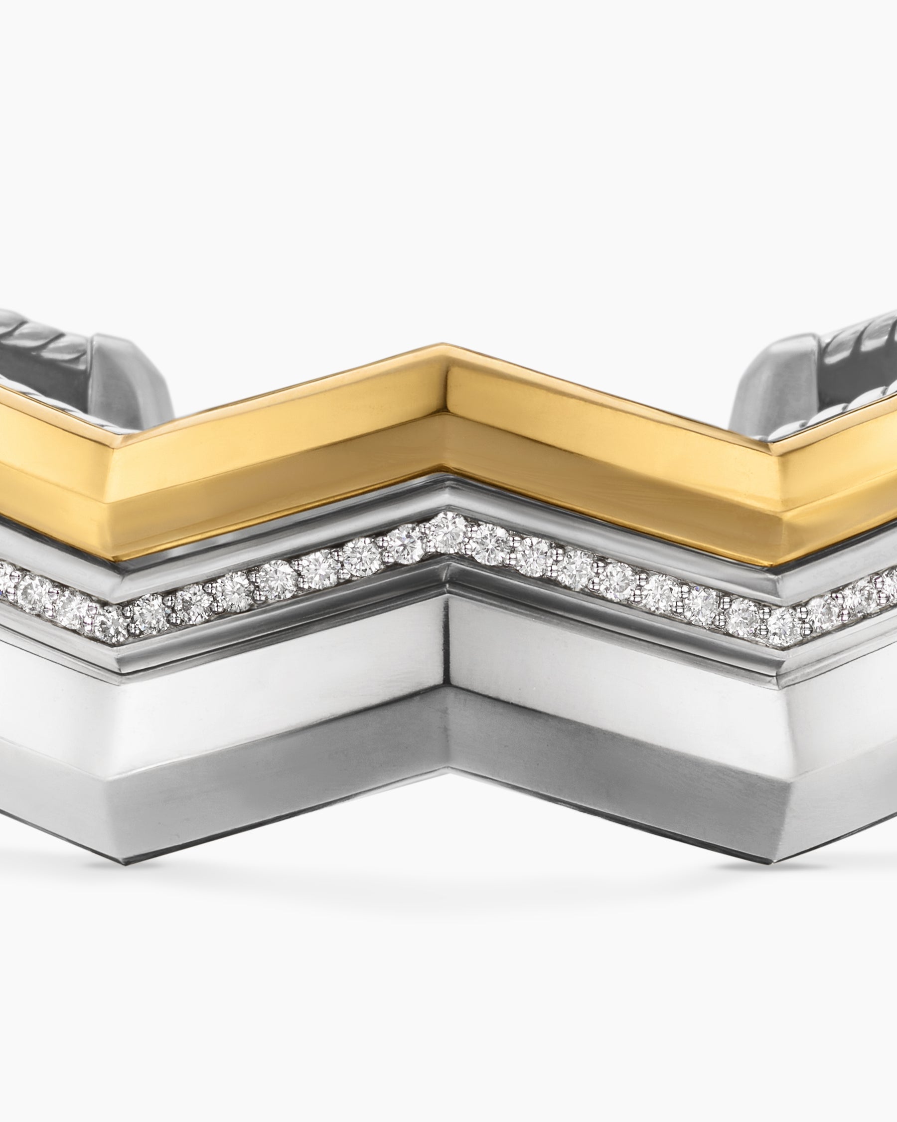 Zig Zag Stax™ Three Row Cuff Bracelet in Sterling Silver with 18K Yellow Gold and Diamonds, 17.4mm