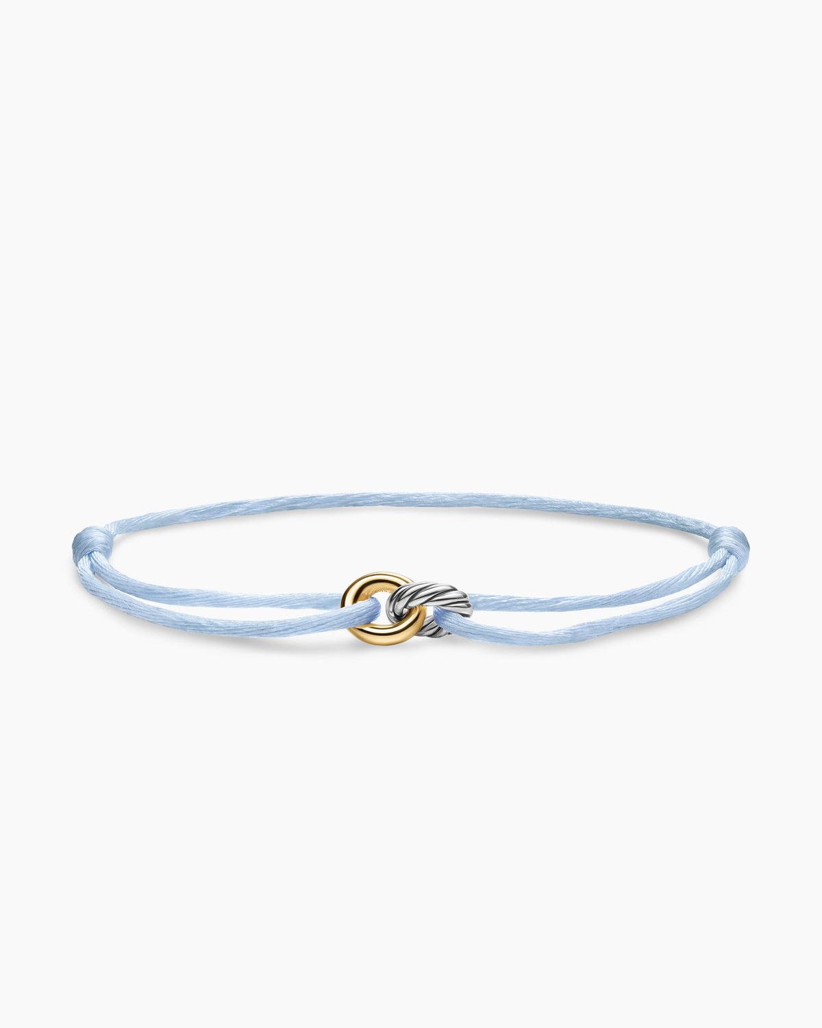 Sculpted Cable Linked Cord Bracelet in Baby Blue Nylon with Sterling Silver and 14K Yellow Gold, 8.7mm