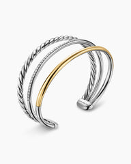 DY Mercer® Three Row Cuff Bracelet in Sterling Silver with 18K Yellow Gold and Diamonds, 10.4mm