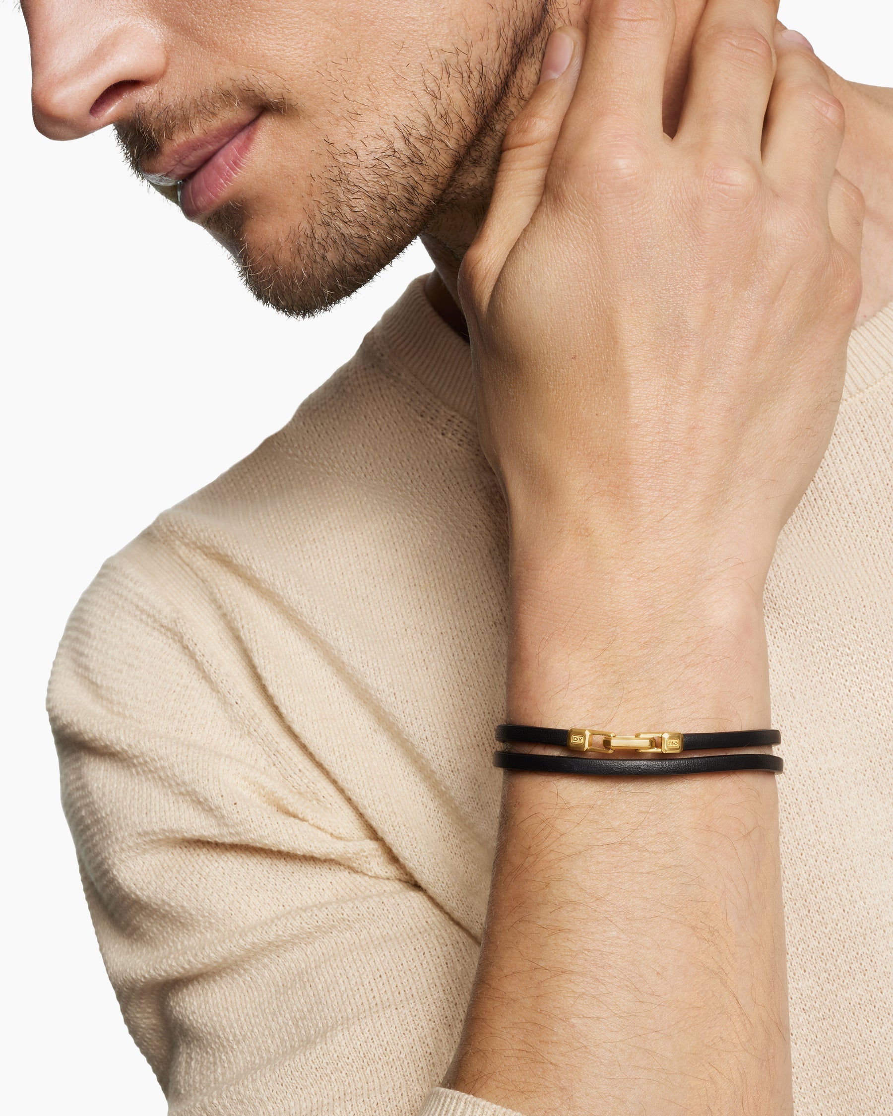 Streamline® Double Wrap Bracelet in Black Leather with 18K Yellow Gold, 5.2mm