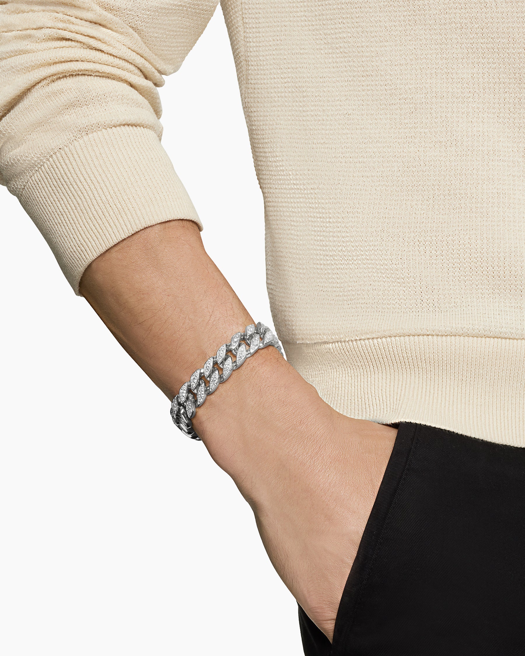 Curb Chain Bracelet in Sterling Silver with Diamonds, 14.5mm