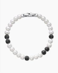 Spiritual Beads Bracelet in Sterling Silver with Pearls and Pavé Black Diamonds, 6mm