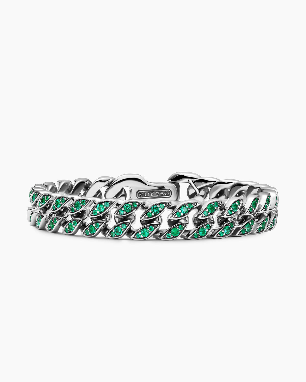 Curb Chain Bracelet in 18K White Gold with Emeralds, 11.5mm