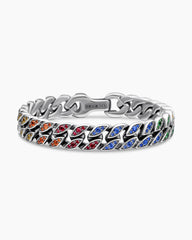 Curb Chain Bracelet in Sterling Silver with Rainbow Pavé, 11.5mm