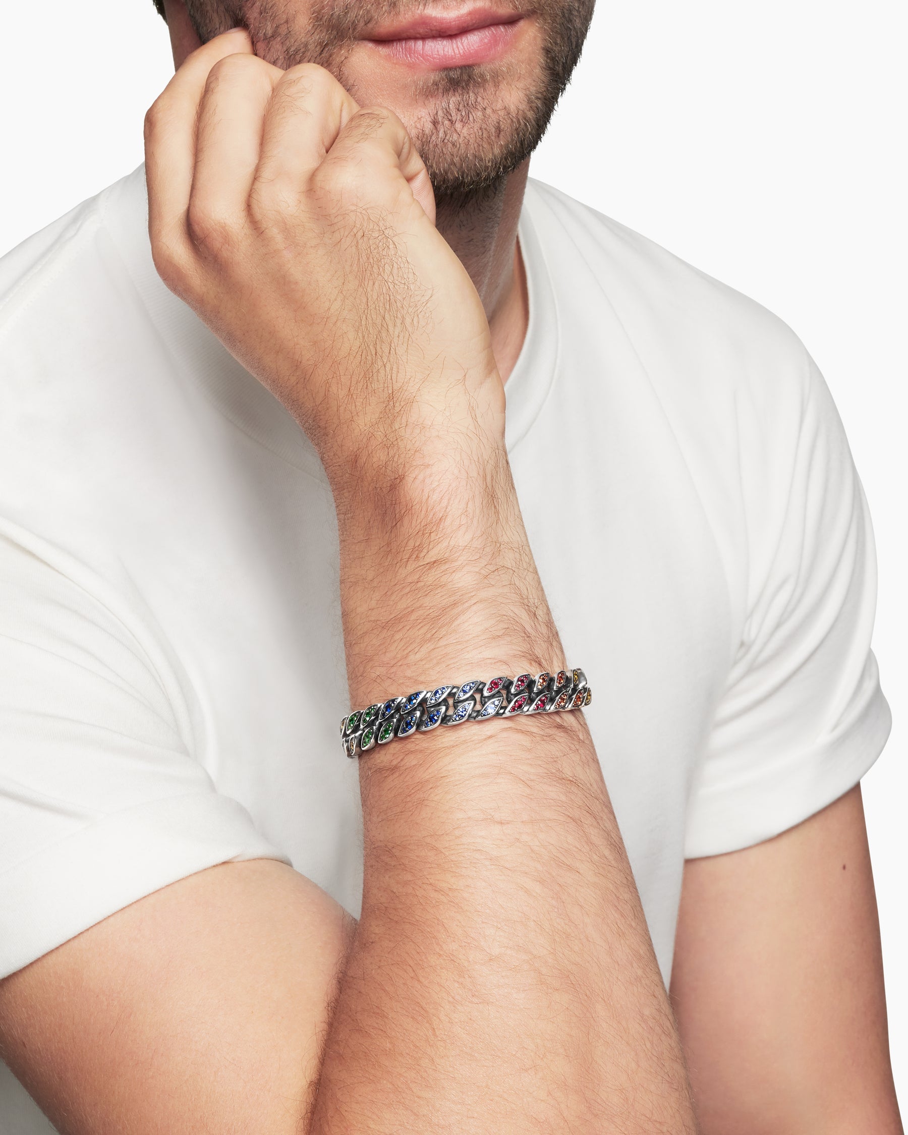 Curb Chain Bracelet in Sterling Silver with Rainbow Pavé, 11.5mm