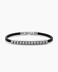 Pyramid ID Bracelet in Black Leather with Sterling Silver, 6.5mm