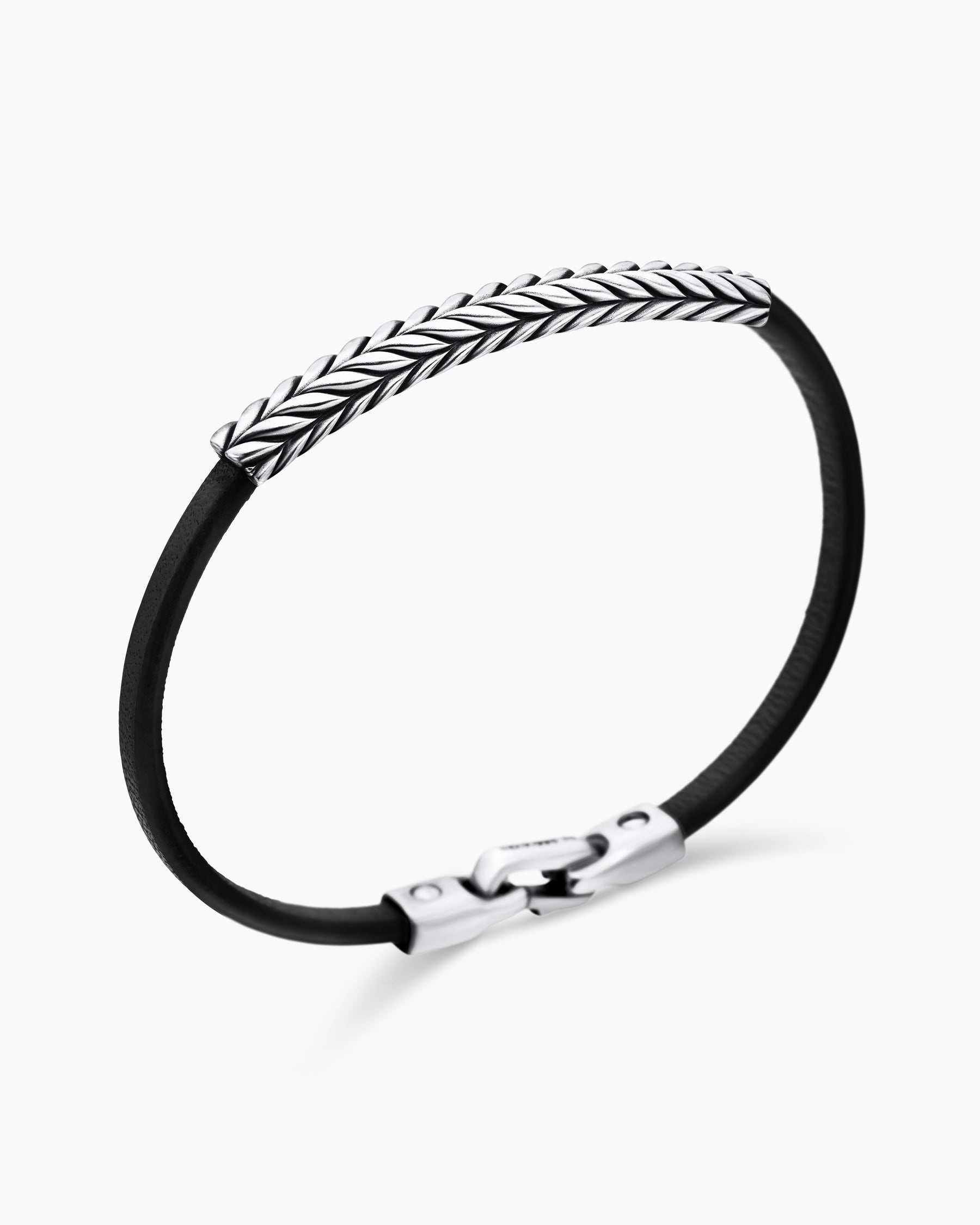 Chevron ID Bracelet  in Black Leather with Sterling Silver, 6.6mm