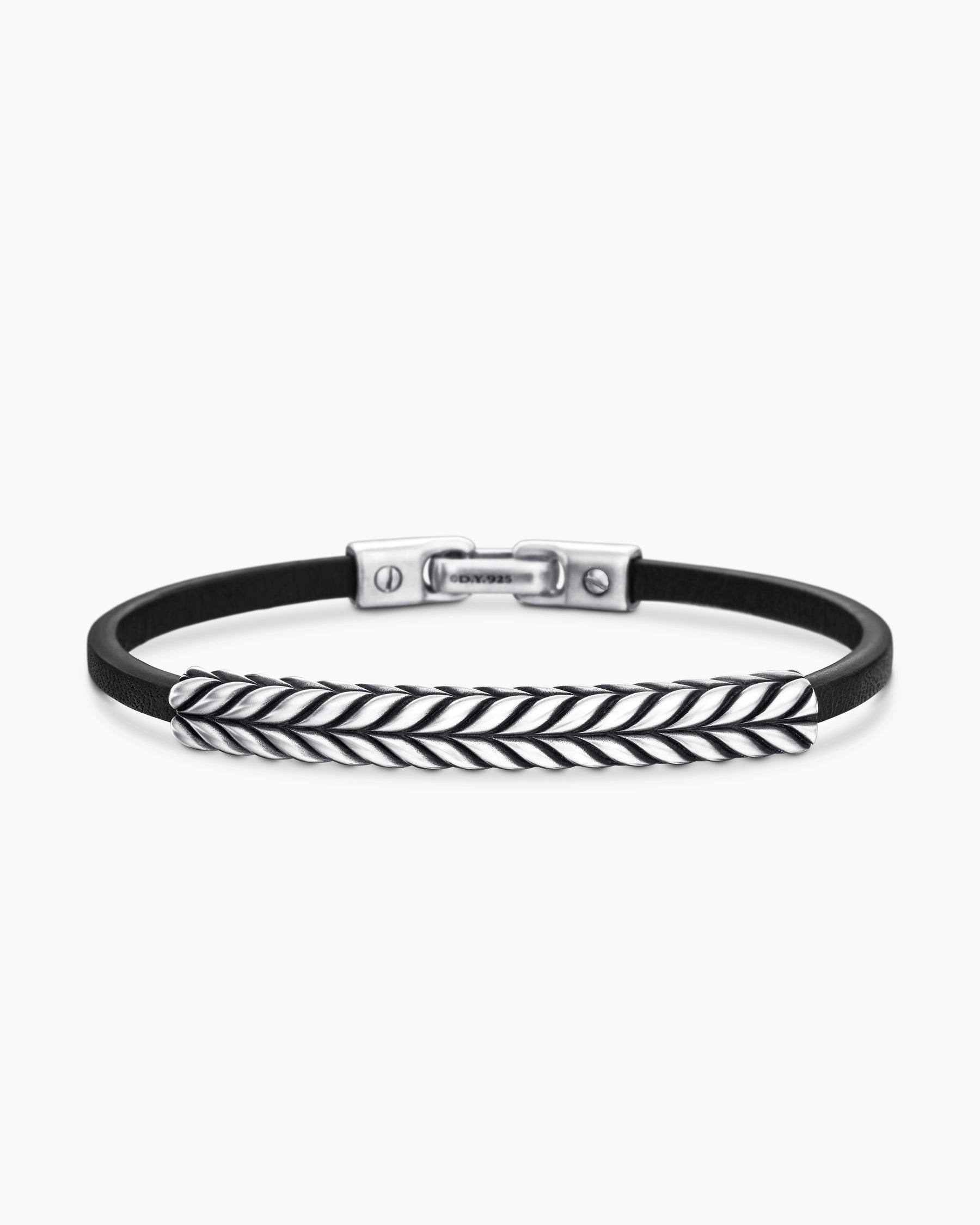 Chevron ID Bracelet  in Black Leather with Sterling Silver, 6.6mm