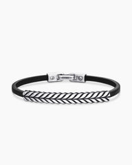 Chevron ID Bracelet  in Black Leather with Sterling Silver, 6.6mm