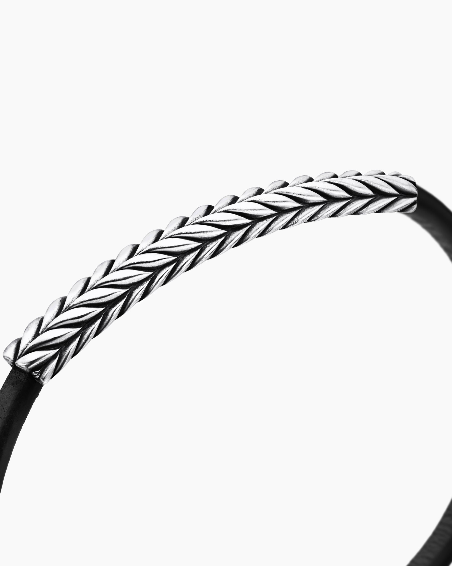 Chevron ID Bracelet  in Black Leather with Sterling Silver, 6.6mm