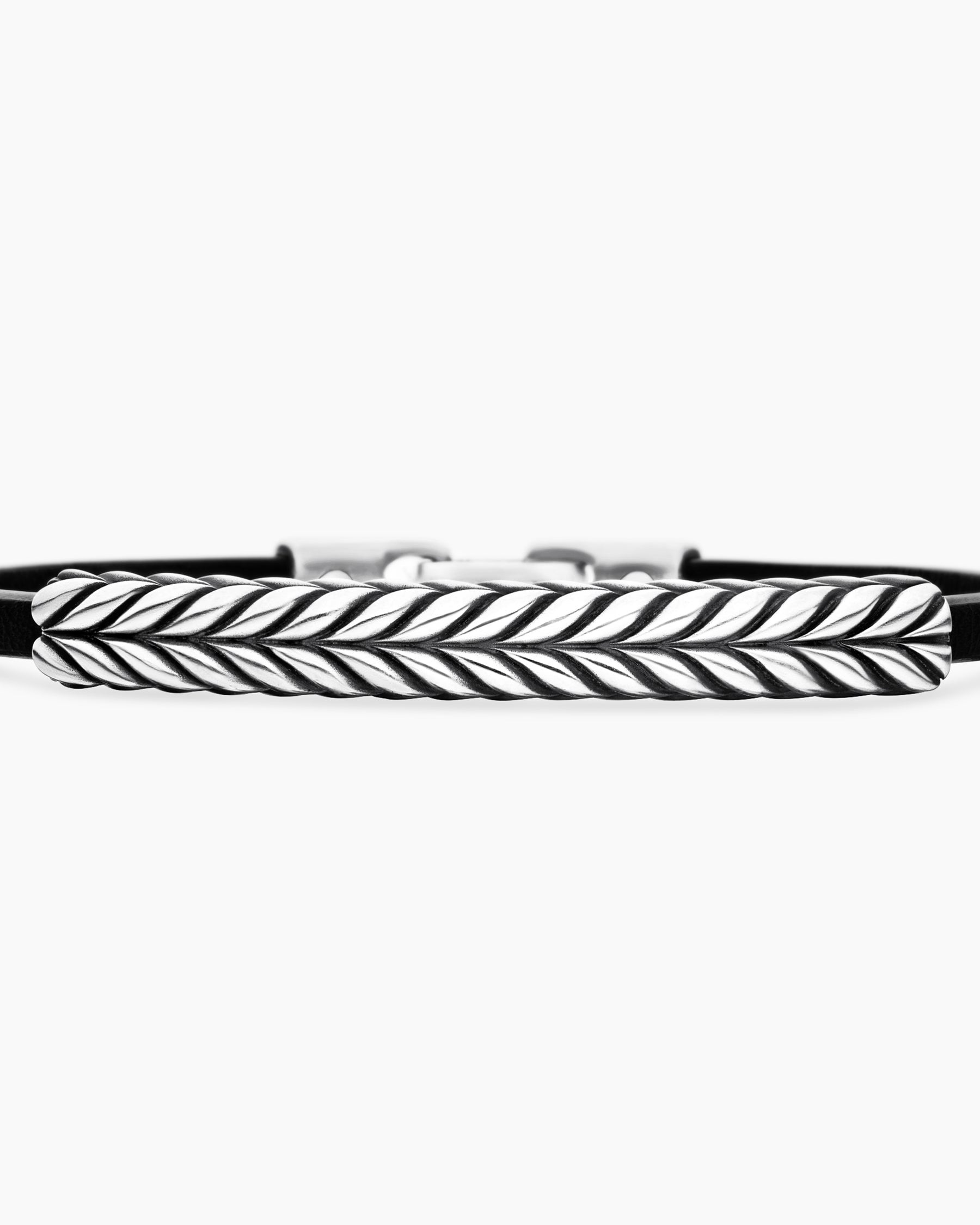 Chevron ID Bracelet  in Black Leather with Sterling Silver, 6.6mm