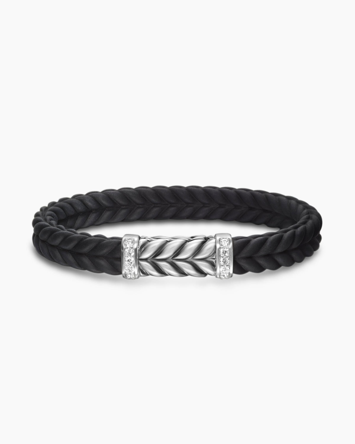Chevron Bracelet in Black Rubber with Diamonds and Sterling Silver, 9mm