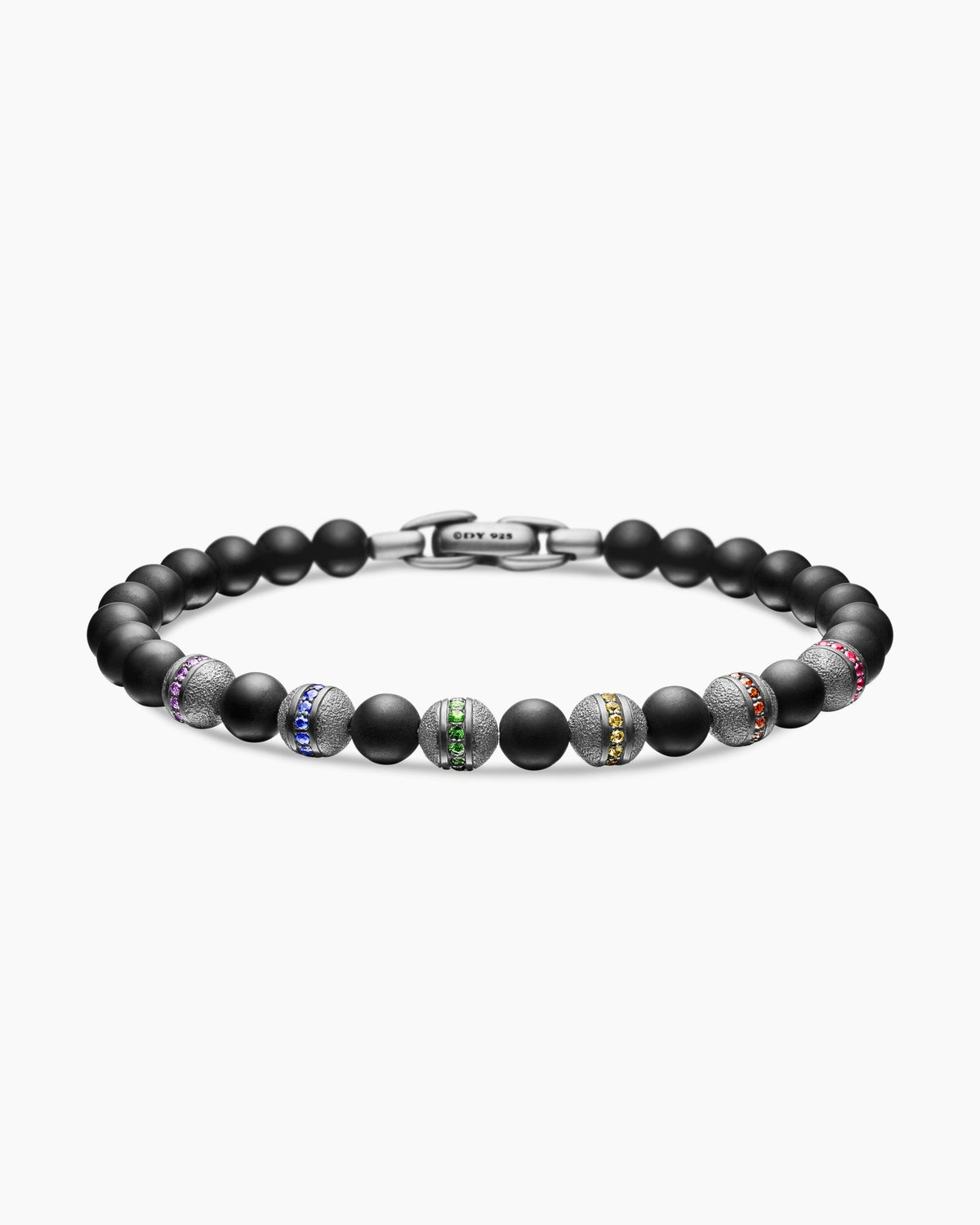 Spiritual Beads Rainbow Bracelet in Sterling Silver with Black Onyx, Sapphires and Tsavorites, 6mm
