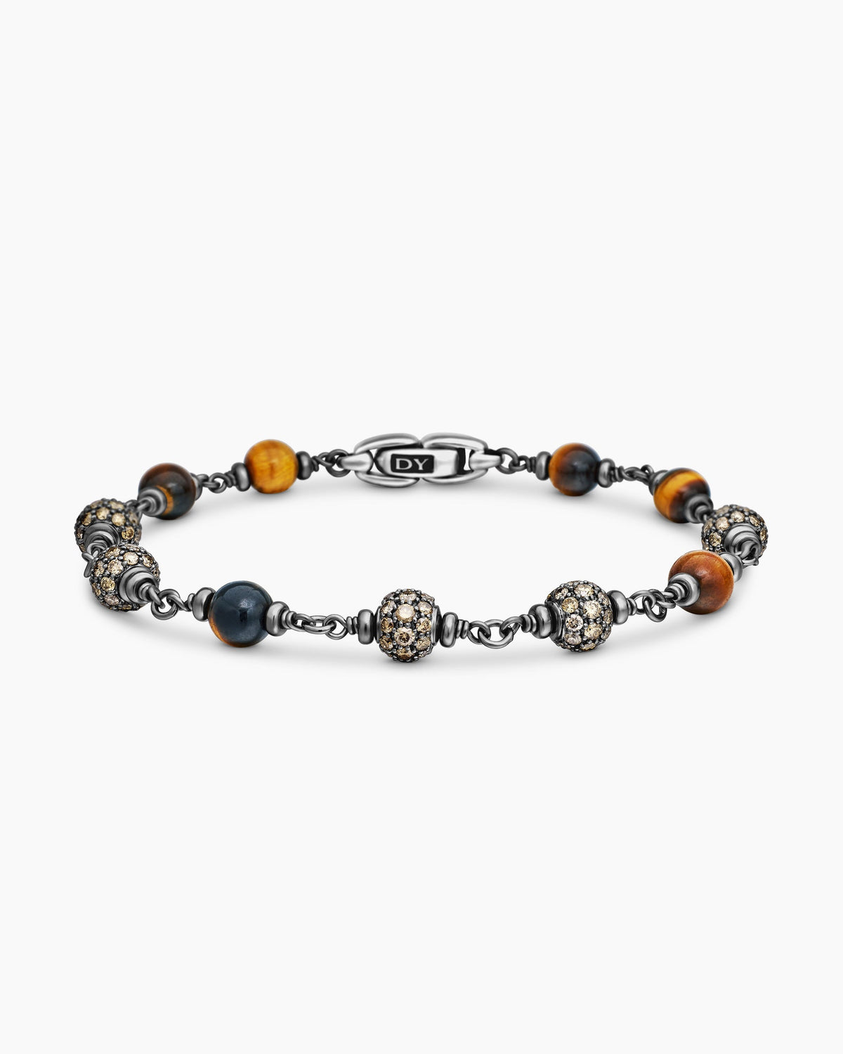 Spiritual Beads Bracelet in Sterling Silver with Tiger’s Eye and Cognac Diamonds, 6mm