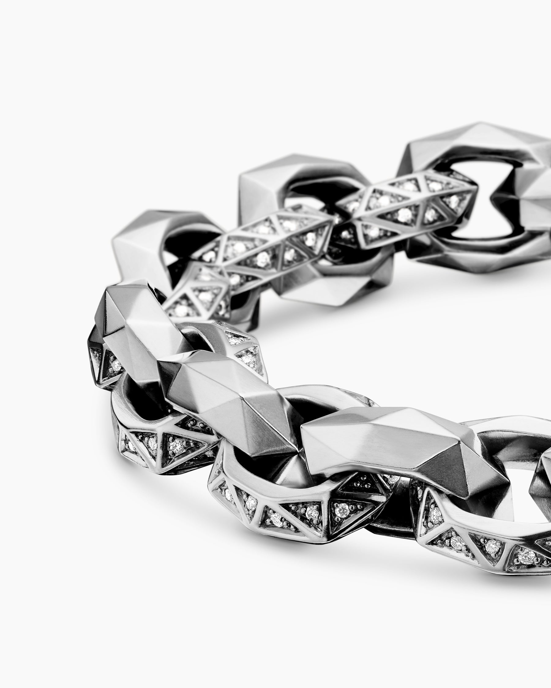 Torqued Faceted Link Bracelet in Sterling Silver with Diamonds, 11.6mm
