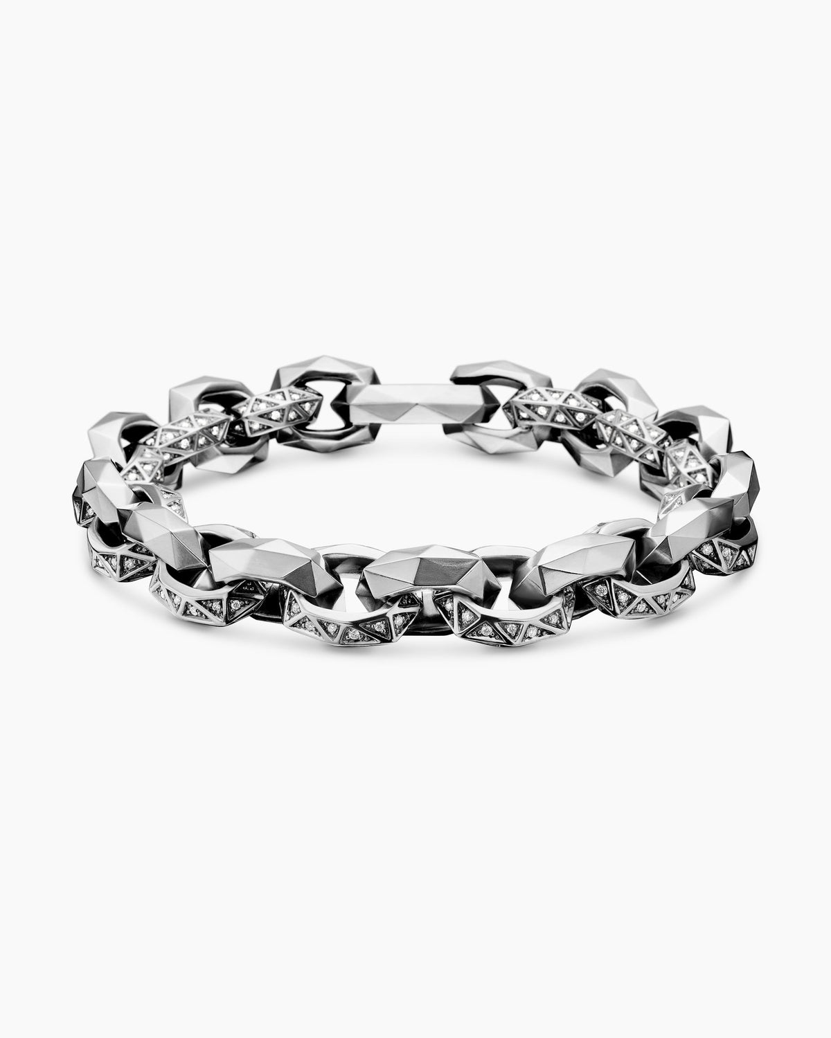 Torqued Faceted Link Bracelet in Sterling Silver with Diamonds, 11.6mm