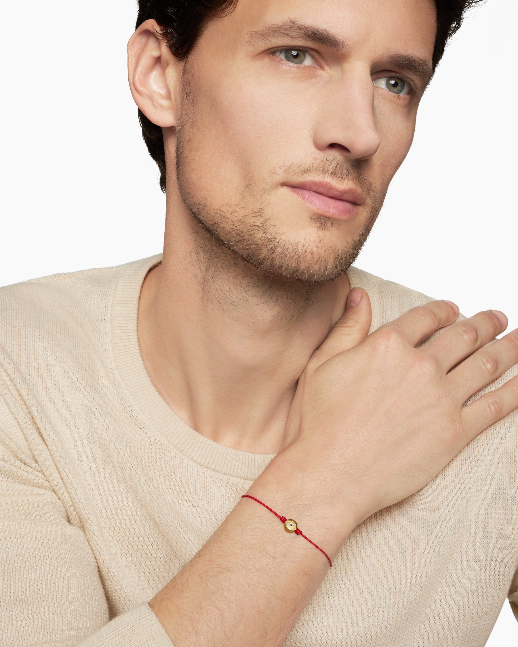 Evil Eye Cord Bracelet in Red Nylon with 18K Yellow Gold and Sapphire, 7.7mm