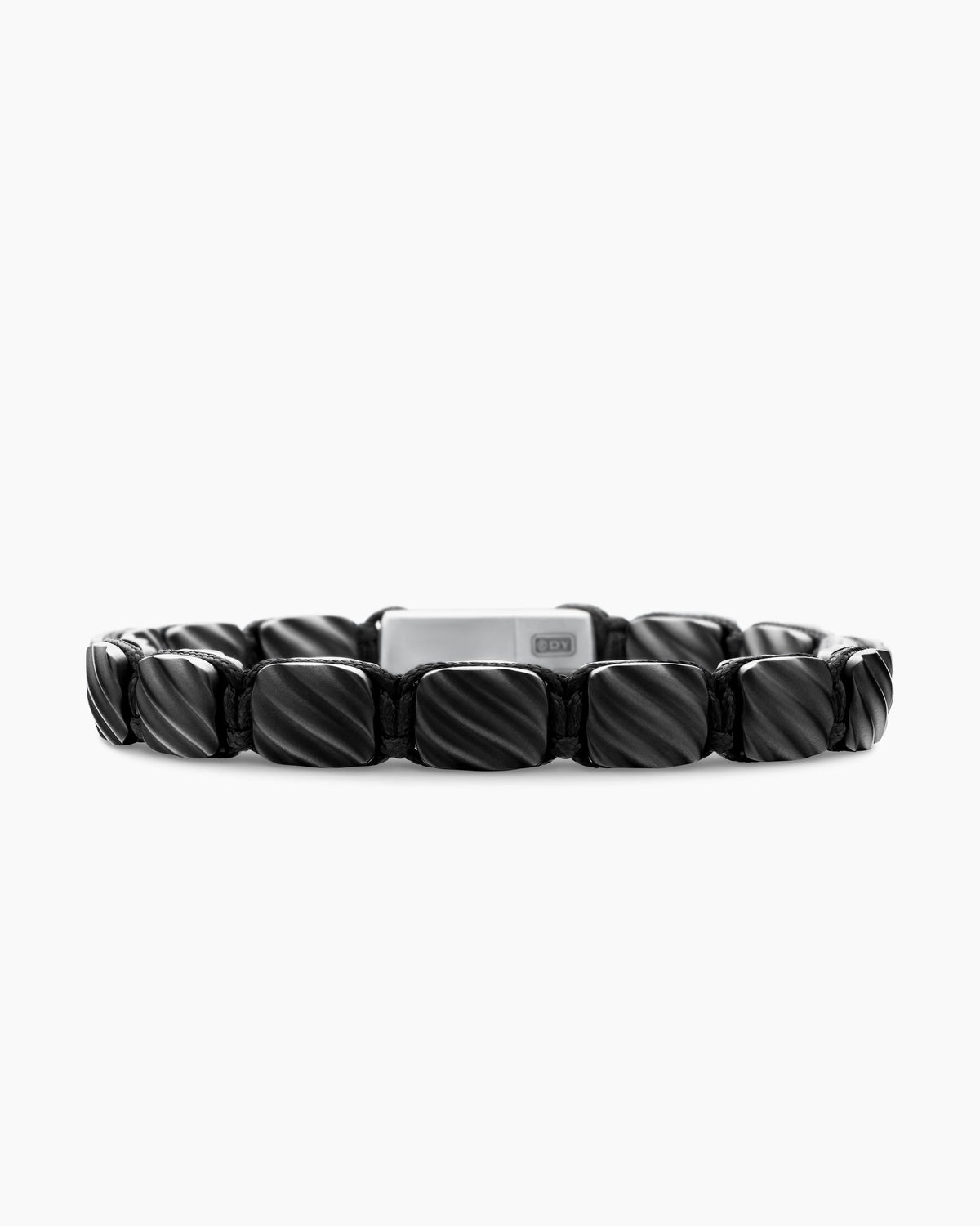 Sculpted Cable Woven Tile Bracelet in Black Titanium with Sterling Silver and Black Nylon, 8.5mm