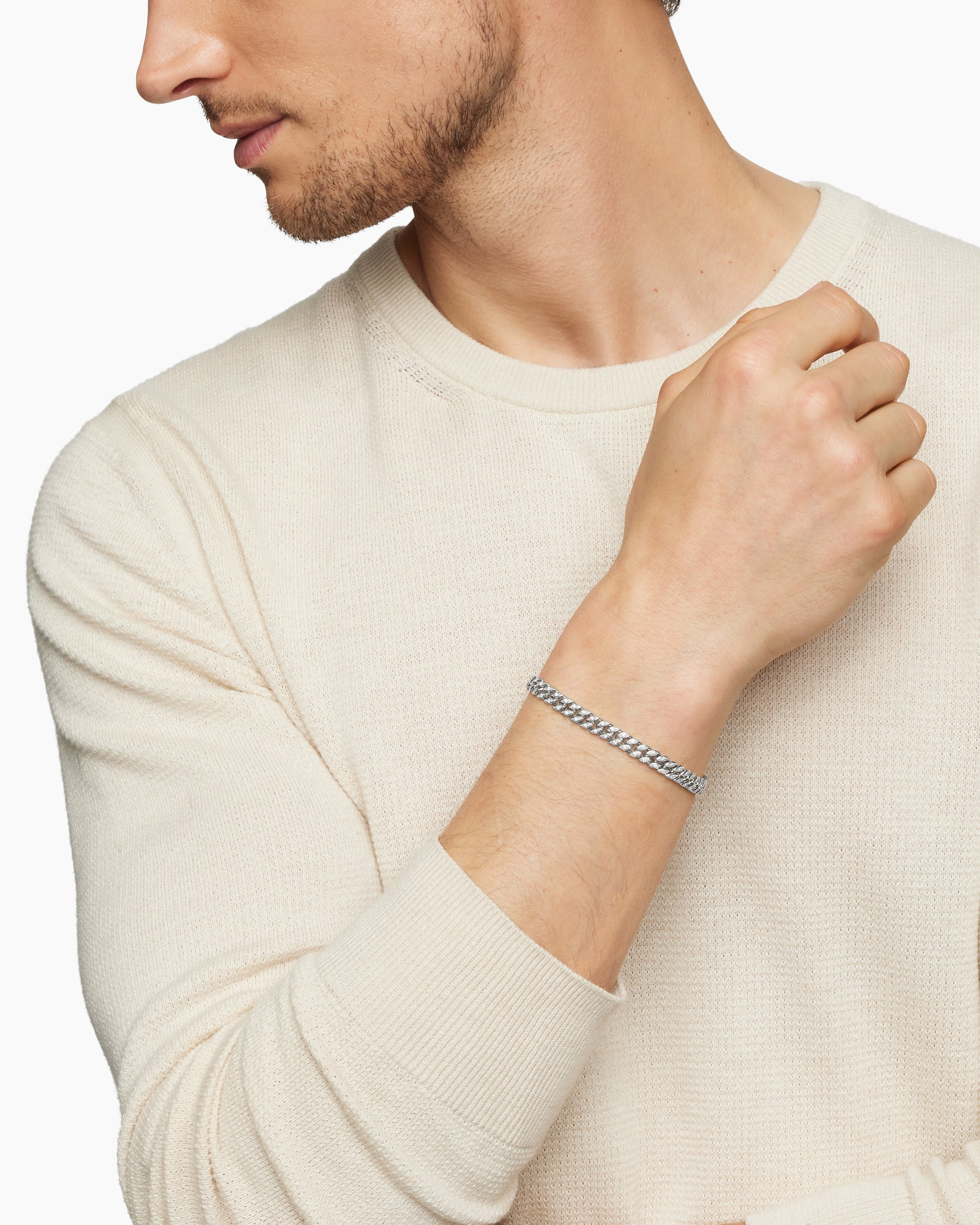 Curb Chain Bracelet in Sterling Silver with Diamonds, 6mm