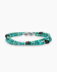 Memento Mori Skull Station Double Wrap Bracelet in Sterling Silver with Turquoise and Forged Carbon, 4mm