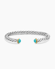 Cable Cuff Bracelet in Sterling Silver with 14K Yellow Gold and Turquoise, 6mm