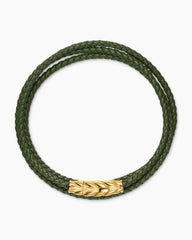 Chevron Triple Wrap Bracelet in Green Leather with 18K Yellow Gold, 3mm