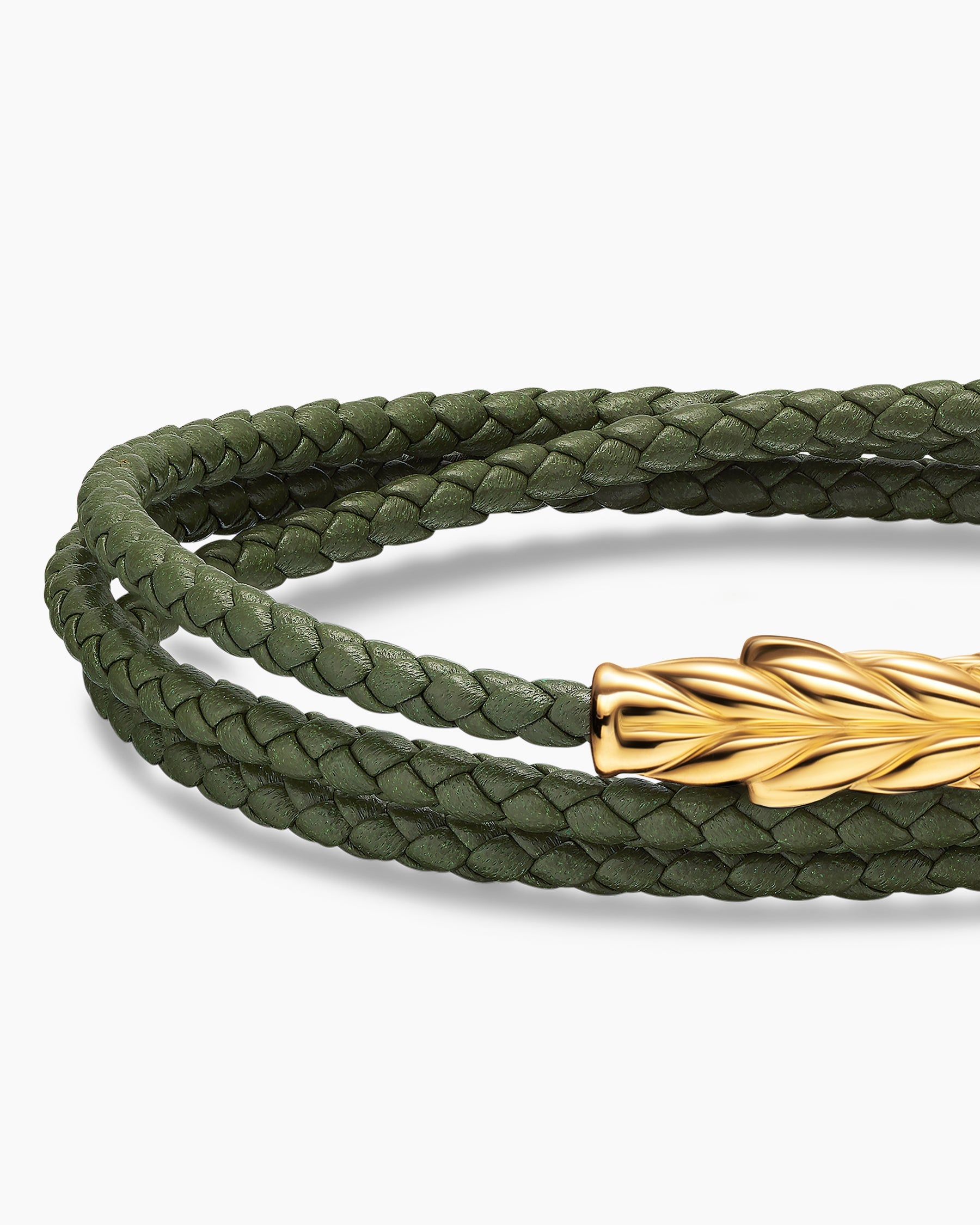 Chevron Triple Wrap Bracelet in Green Leather with 18K Yellow Gold, 3mm