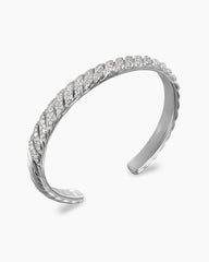 Sculpted Cable Cuff Bracelet in 18K White Gold with Diamonds, 7mm