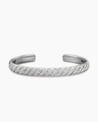 Sculpted Cable Cuff Bracelet in 18K White Gold with Diamonds, 7mm