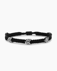 Chevron Black Nylon Woven Station Bracelet with Sterling Silver and Black Onyx, 8.6mm