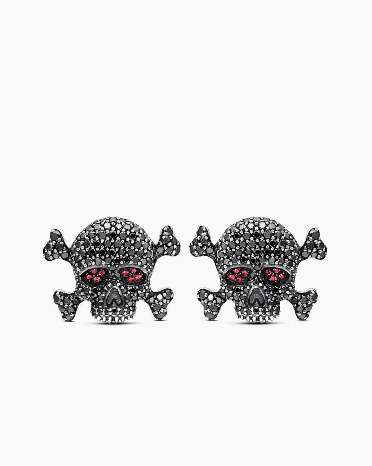Memento Mori Skull Cufflinks in Sterling Silver with Black Diamonds and Rubies, 24mm