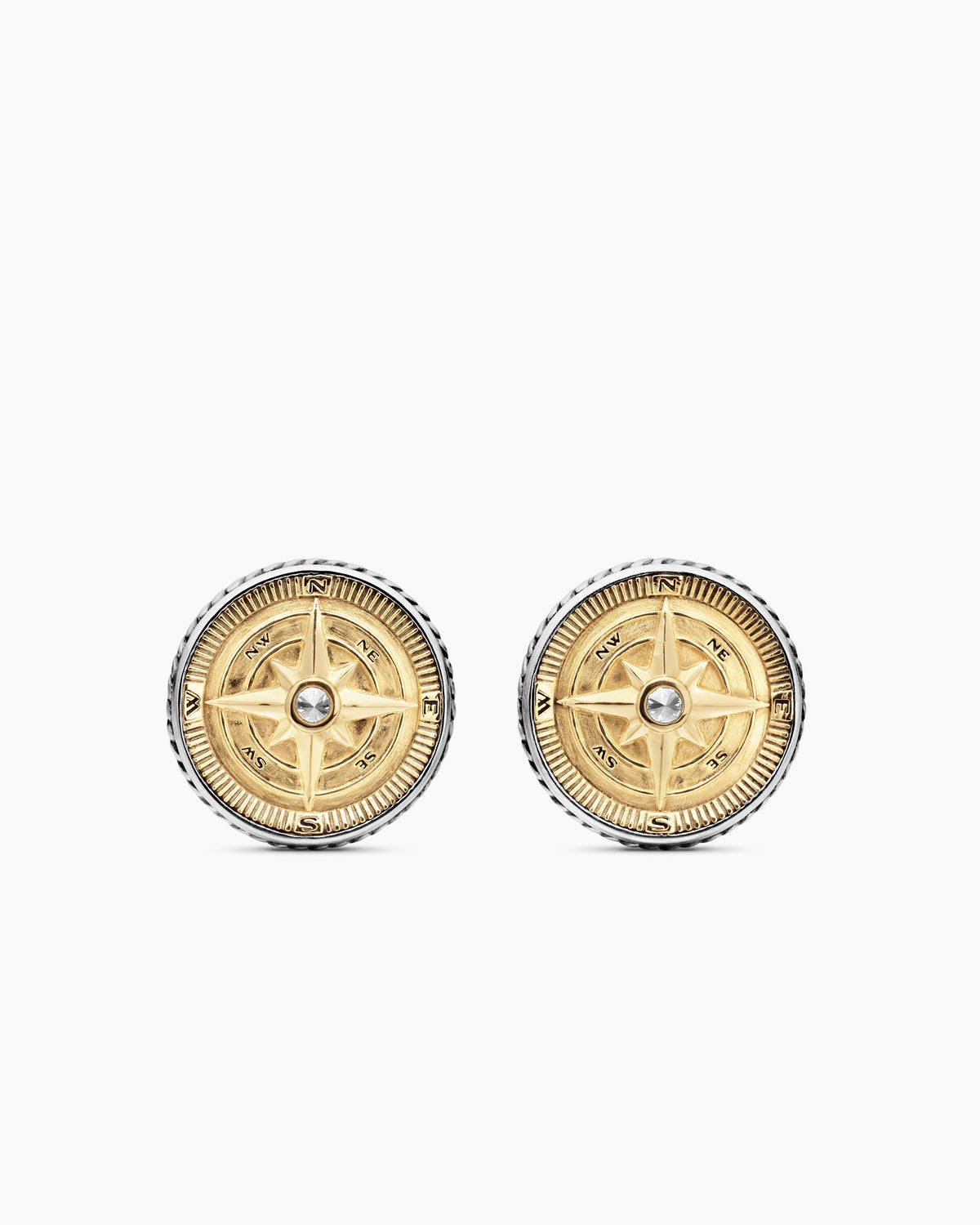 Maritime® Compass Cufflinks in Sterling Silver with 18K Yellow Gold and Center Diamond, 16mm