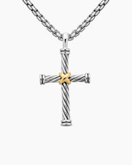 Cable Cross Pendant in Sterling Silver with 18K Yellow Gold, 35mm