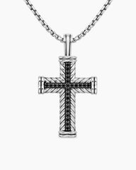 Chevron Cross Pendant in Sterling Silver with Black Diamonds, 41.5mm