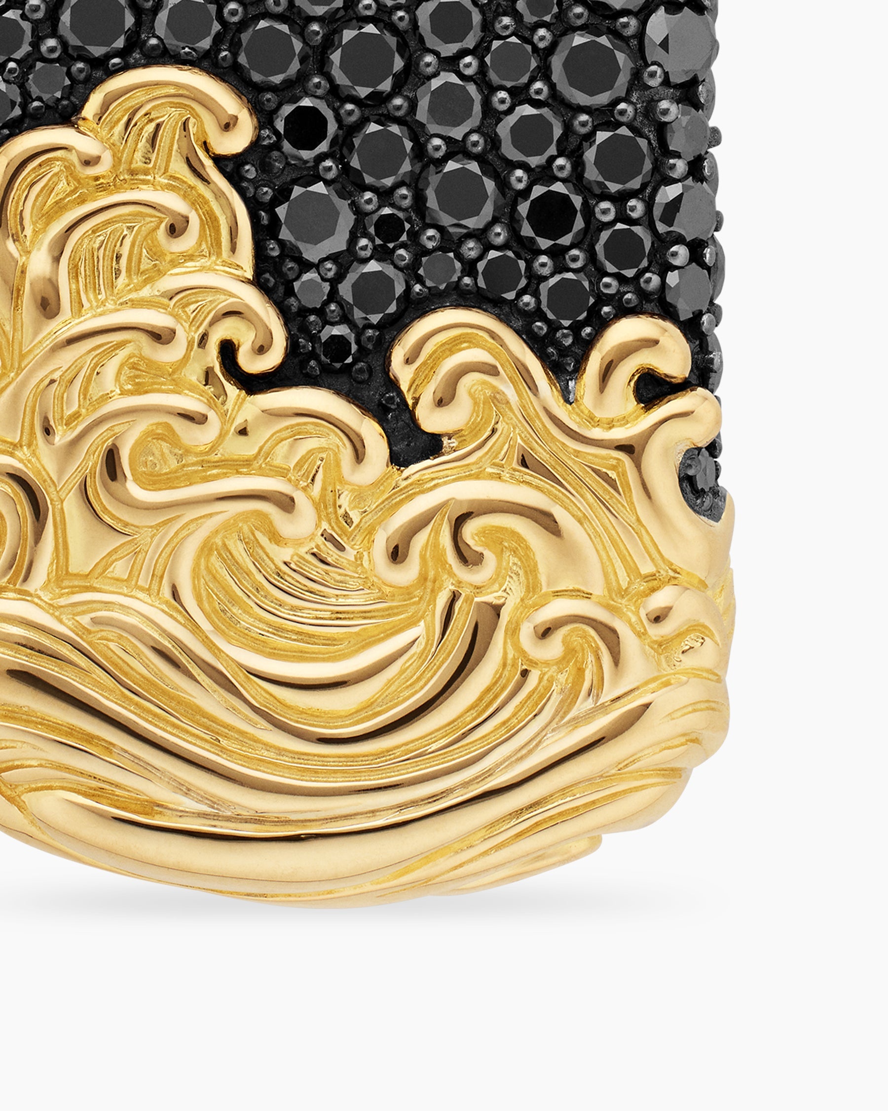 Waves Tag in Sterling Silver with 18K Yellow Gold and Black Diamonds, 35mm