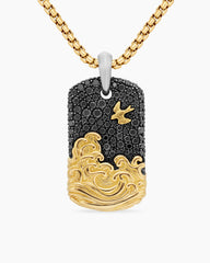 Waves Tag in Sterling Silver with 18K Yellow Gold and Black Diamonds, 35mm