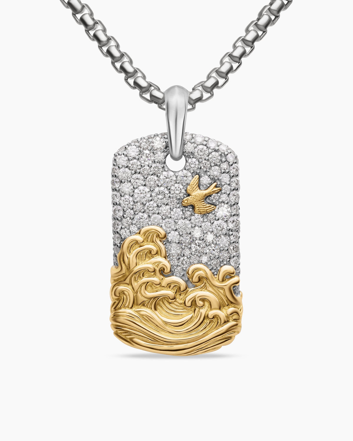Waves Tag in Sterling Silver with 18K Yellow Gold and Diamonds, 35mm