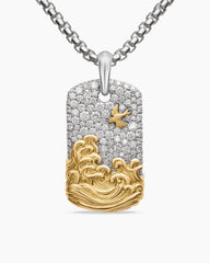 Waves Tag in Sterling Silver with 18K Yellow Gold and Diamonds, 35mm