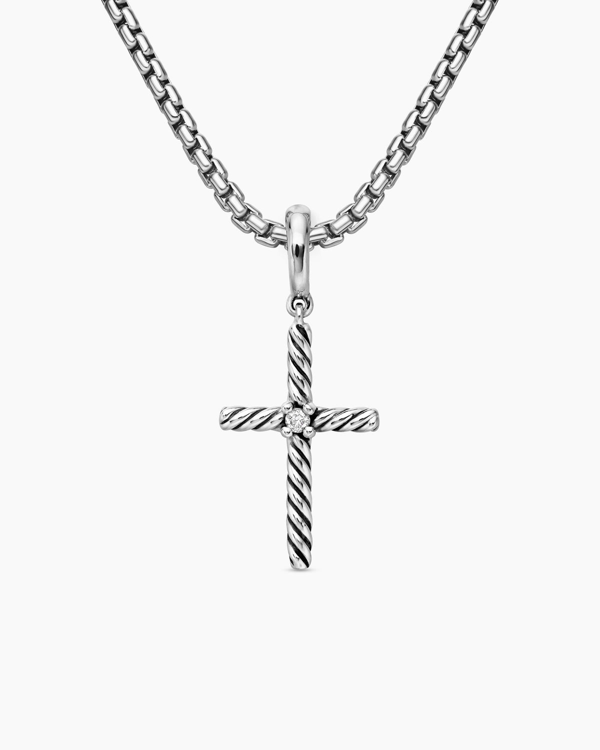 Classic Cable Cross Pendant in Sterling Silver with Center Diamond, 19.5mm