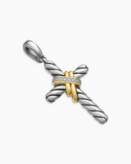 X Cross Pendant in Sterling Silver with 18K Yellow Gold and Diamonds, 25.3mm