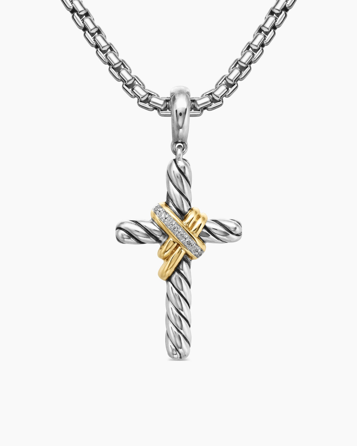 X Cross Pendant in Sterling Silver with 18K Yellow Gold and Diamonds, 25.3mm