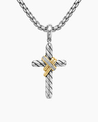 X Cross Pendant in Sterling Silver with 18K Yellow Gold and Diamonds, 25.3mm