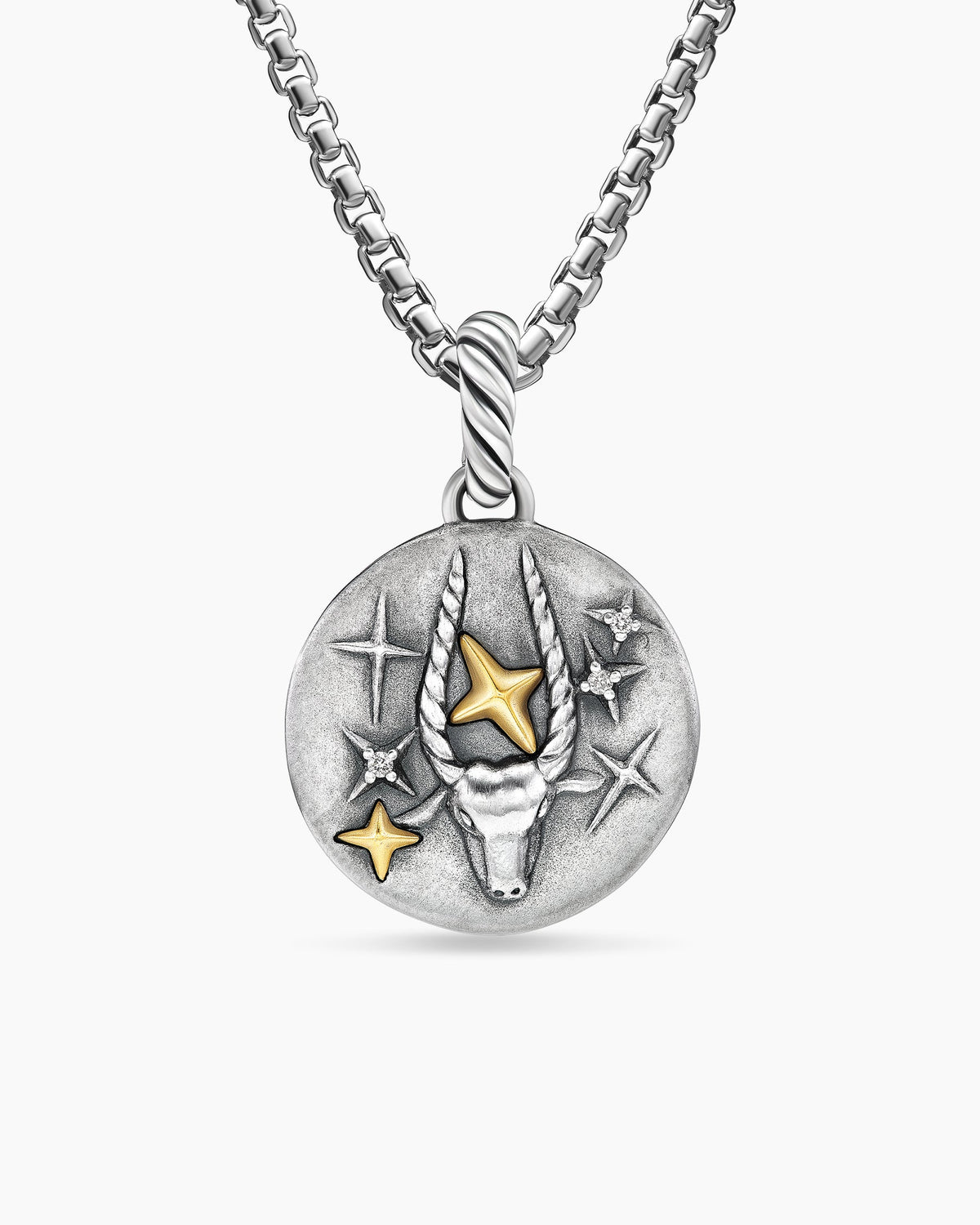 Capricorn Amulet in Sterling Silver with 18K Yellow Gold and Diamonds, 19mm