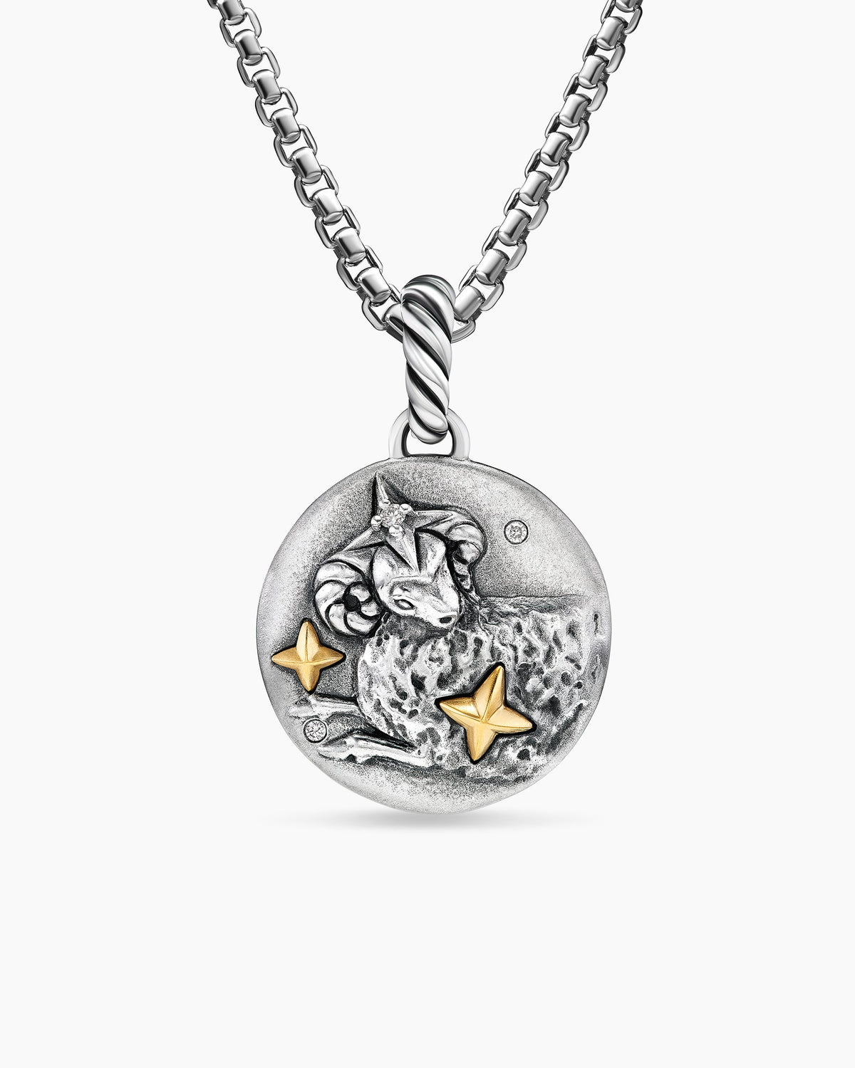 Aries Amulet in Sterling Silver with 18K Yellow Gold and Diamonds, 19mm