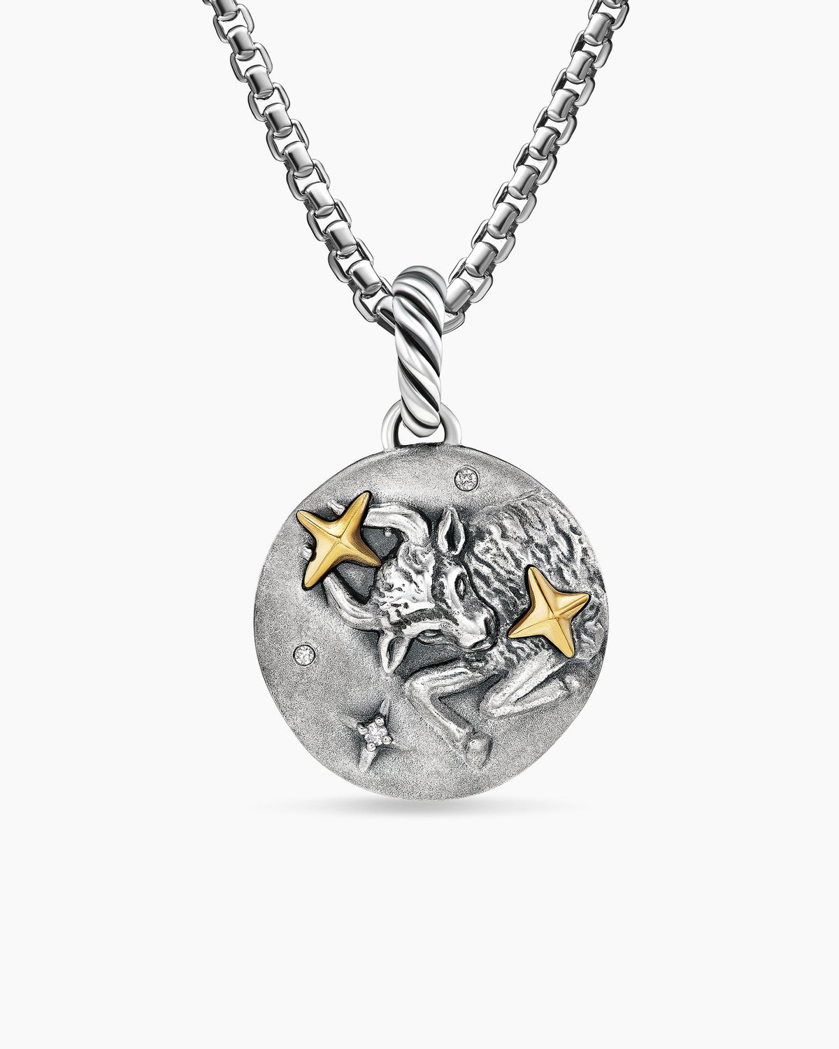 Taurus Amulet in Sterling Silver with 18K Yellow Gold and Diamonds, 19mm
