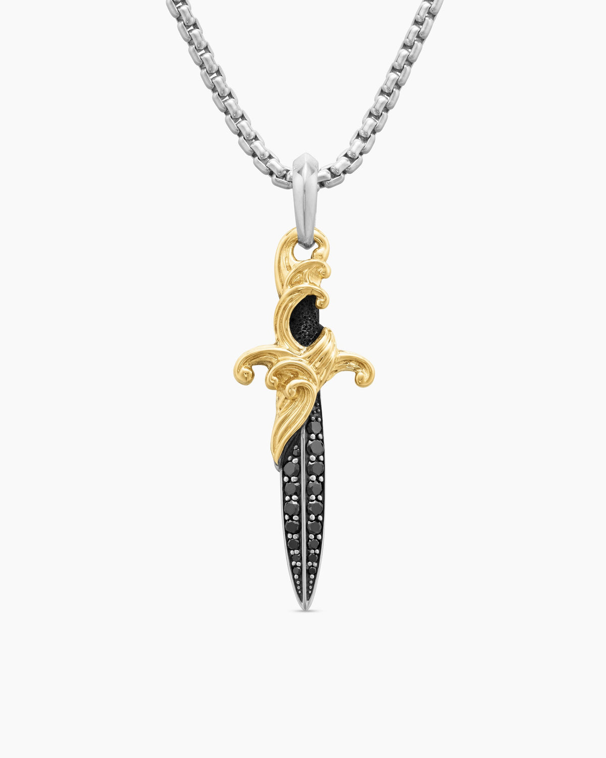 Waves Dagger Amulet in Sterling Silver with 18K Yellow Gold and Black Diamonds, 44mm