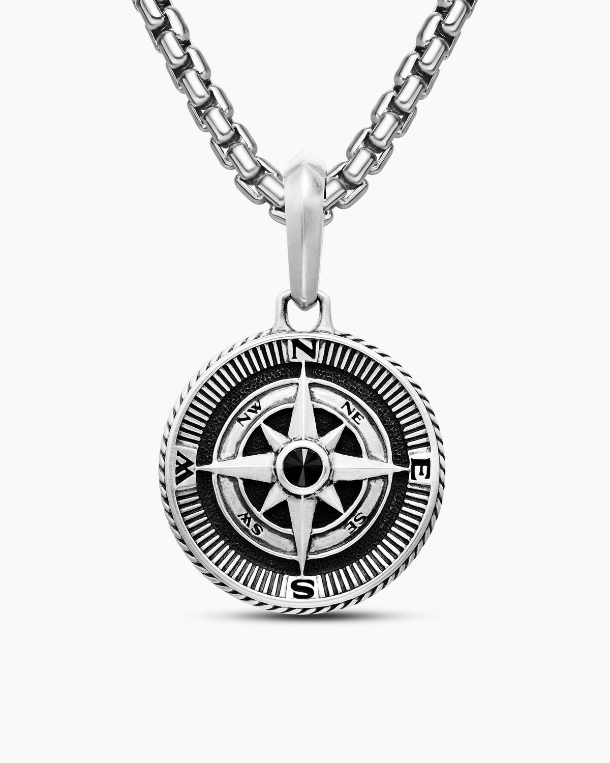 Maritime® Compass Amulet in Sterling Silver with Center Black Diamond, 20mm